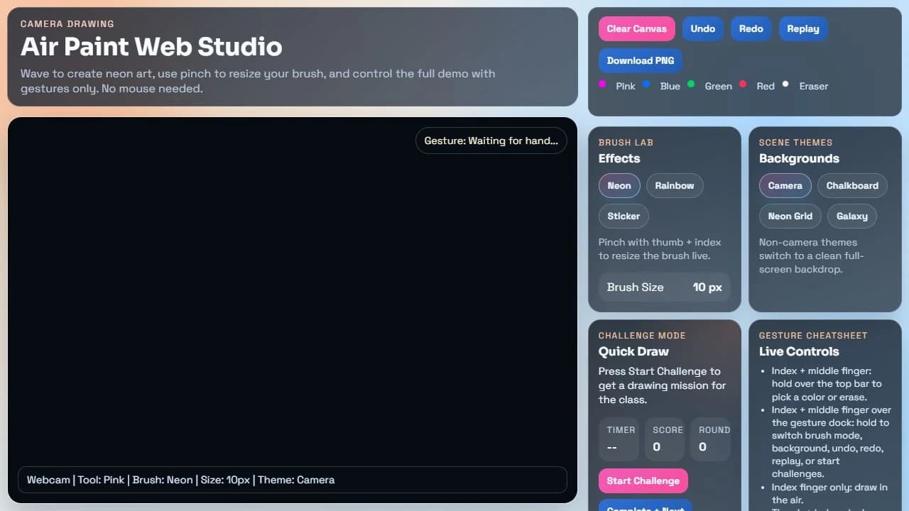 Air Paint Web Studio’s public interface with brush effects, backgrounds, and gesture instructions