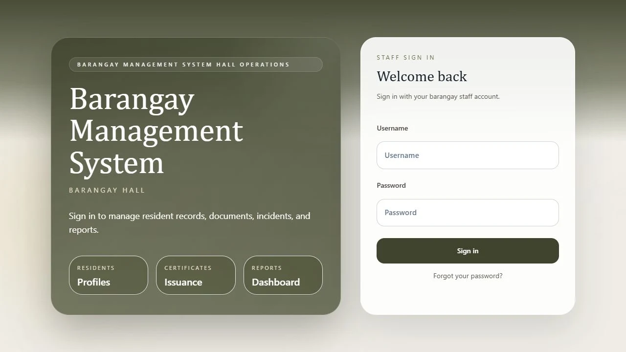 The public staff sign-in page of Mark’s Barangay Management System