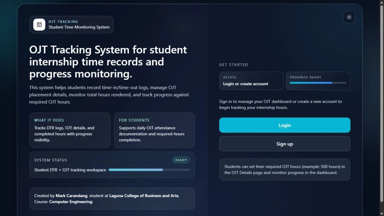 The live OJT Tracking System landing page with login and signup links